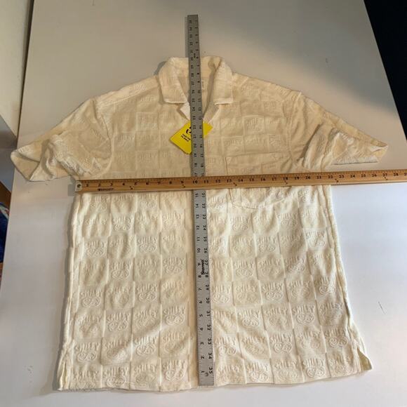 H&M Smiley Shirt Women M Medium Baby Yellow Button Up Relaxed Fit Terry Embossed - Picture 9 of 13